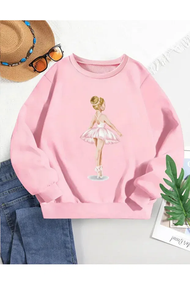Детские свитшот для девочек с принтом Ballerina Printed 3 Thread Crew Neck Pink Aemi, Pink