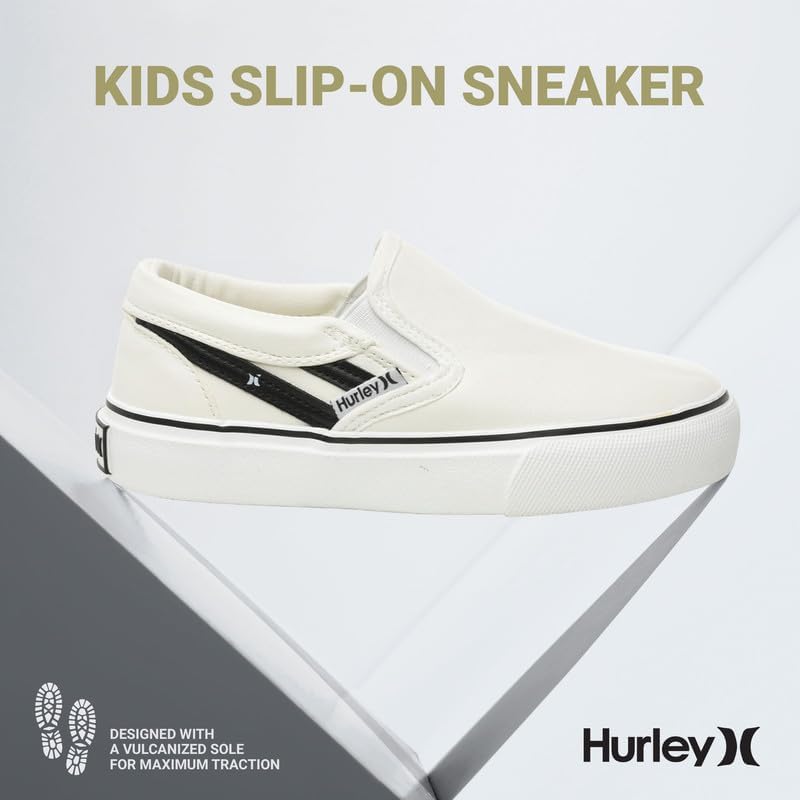 Детские слипоны Hurley из холщовой ткани - низкие кеды для скейтбординга для детей, спортивная обувь для мальчиков и девочек, повседневные кроссовки, белый/черный — фото 2