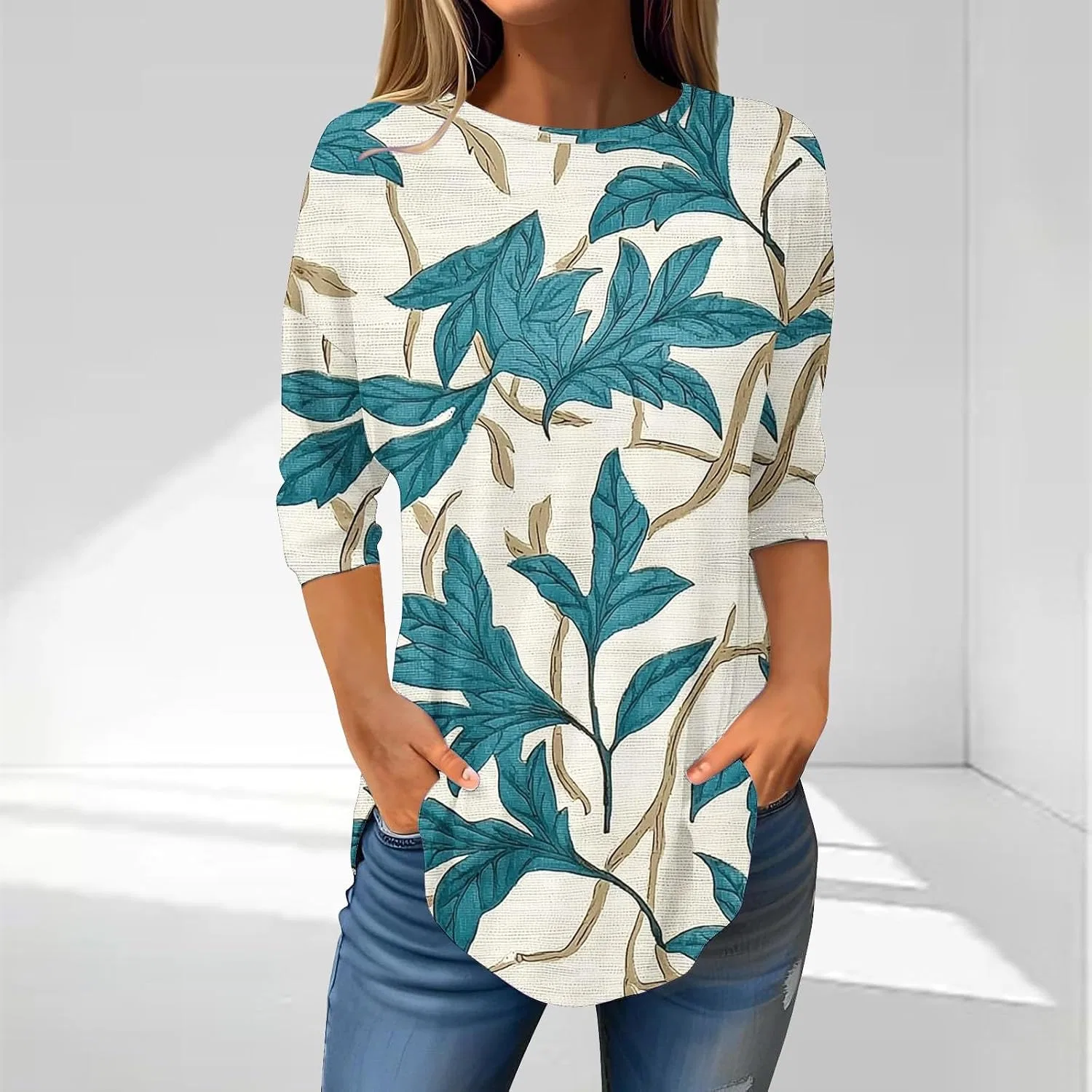 Женская туника с листовым принтом, Scoop Neck, Sky Blue — фото 2