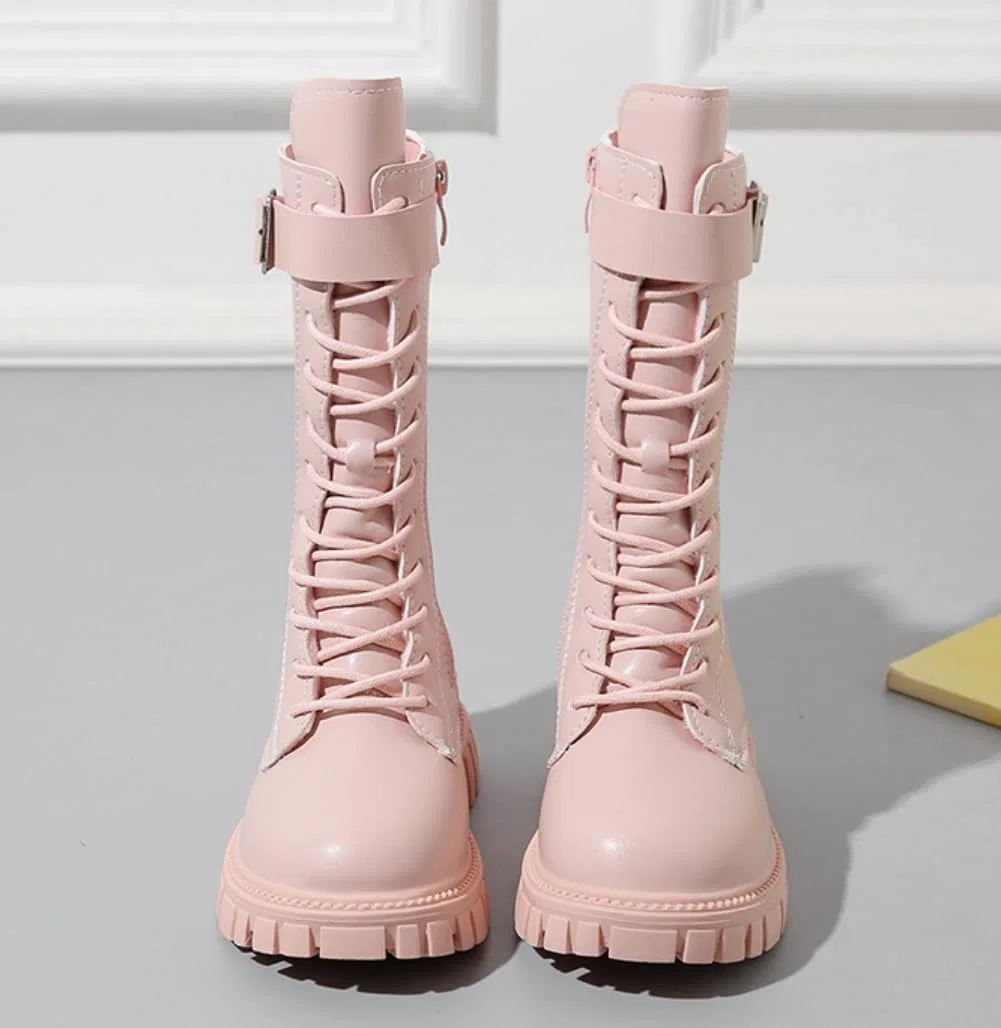 Детские зимние сапоги для девочек с меховой подкладкой и шнуровкой, Pink — фото 4