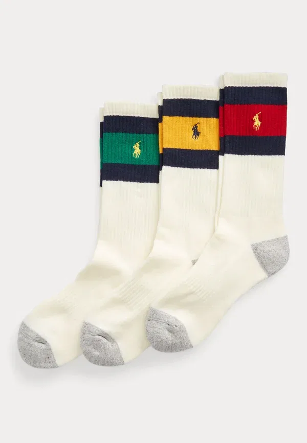 Носки комплект 3 пары Striped cuff crew sock Polo Ralph Lauren белый, красный, желтый, зеленый