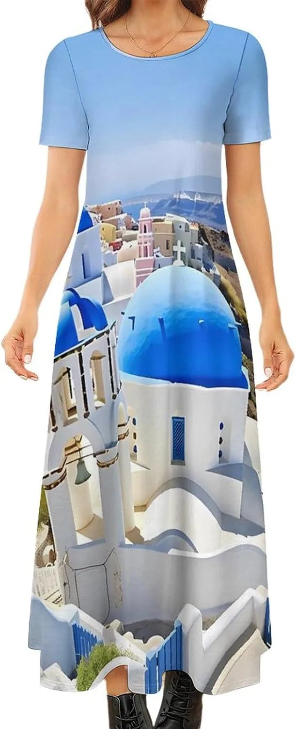 Женское макси-платье с коротким рукавом Santorini Greece