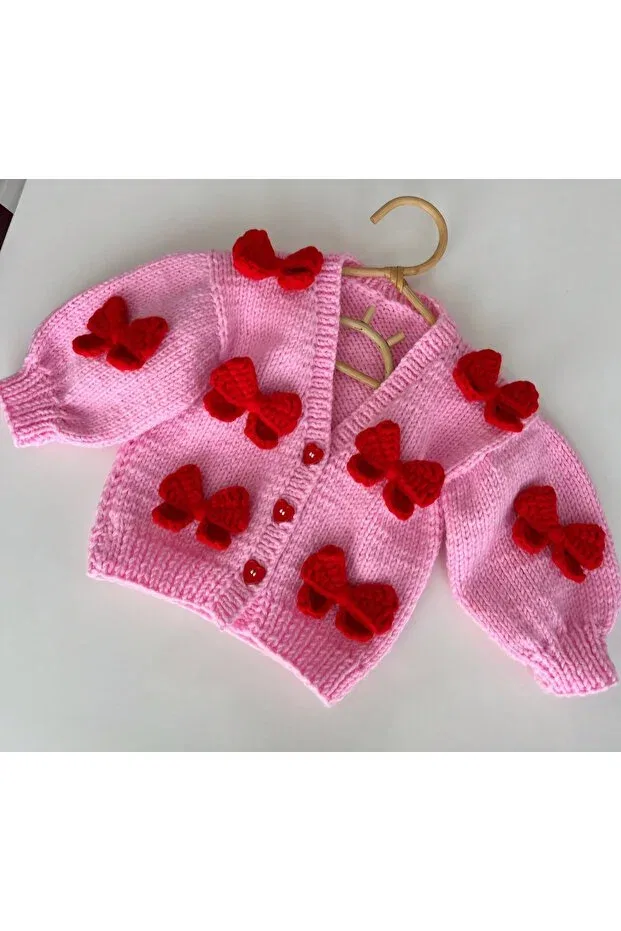 Детский кардиган для девочек с принтом Ribbon Detailed Hand Knitted Girl's Cardigan El Örgüsü, Pink