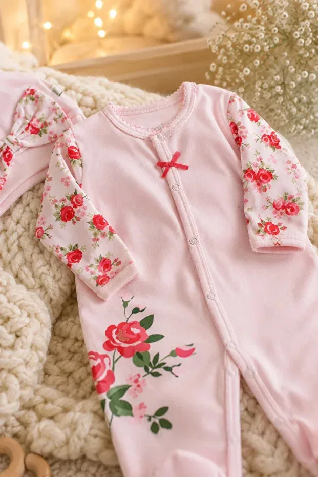 Детский комбинезон для девочек с цветочным принтом Tuğra Bebe, Pink