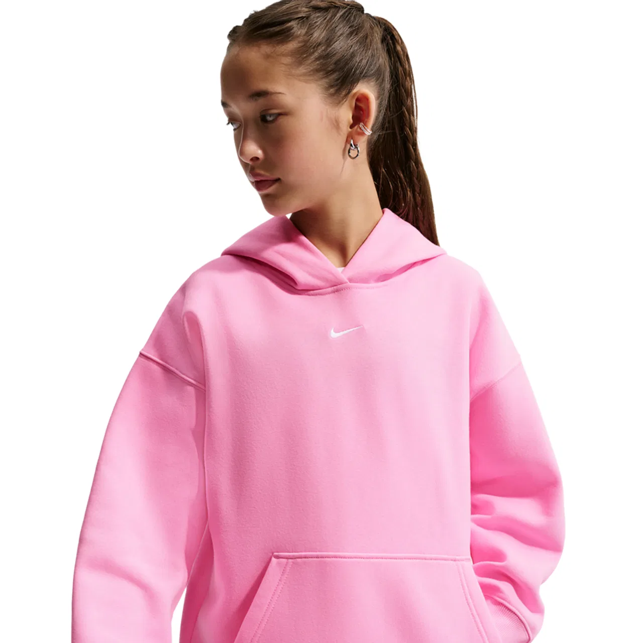 Детский свитшот оверсайз с флисом Nike NSW Studio Fleece OS PO Hoodie, Pink Rise/White — фото 3