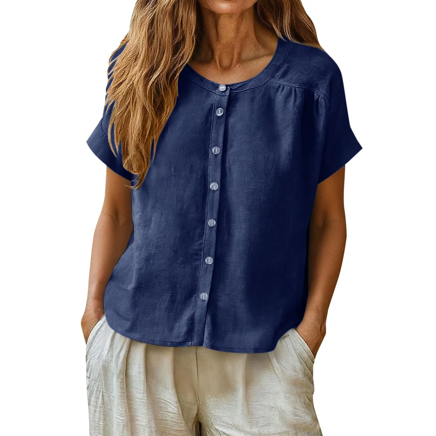 Женская льняная рубашка с коротким рукавом, Dark Blue
