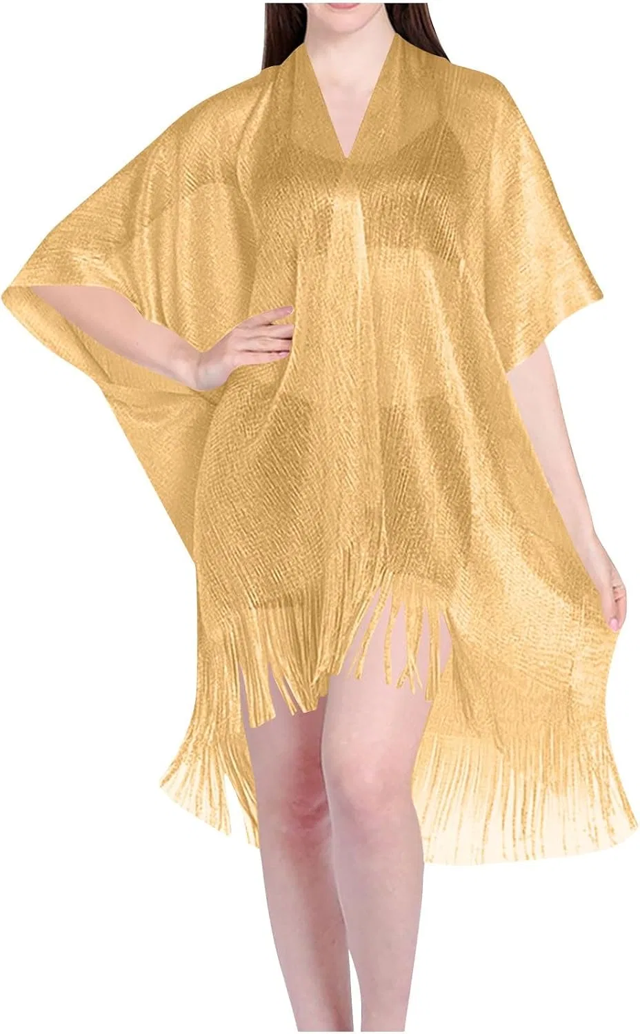 Женское пляжное кимоно с бахромой Mesh Sheer Kimono, Gold — фото 3