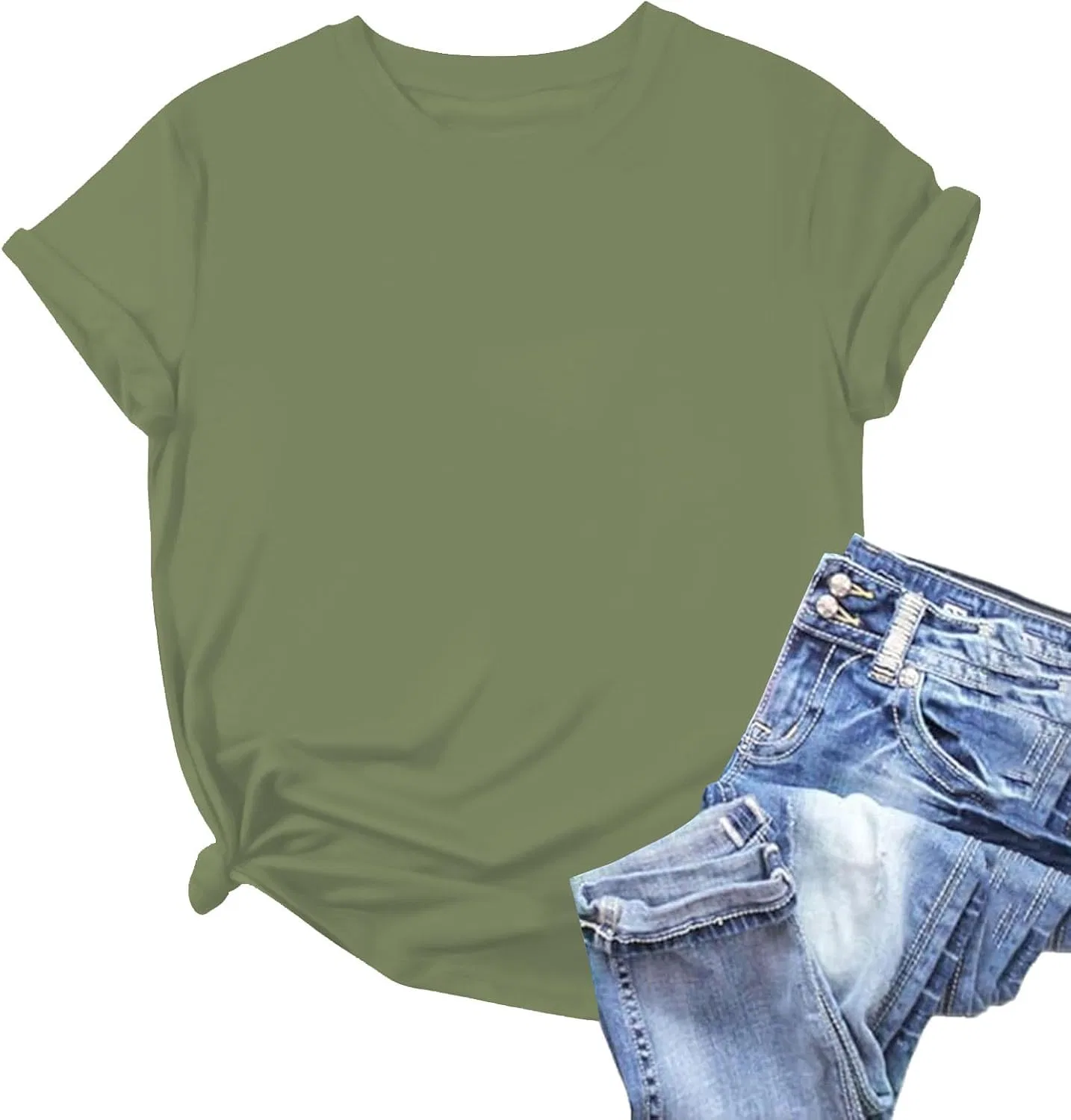 Женская футболка с круглым вырезом свободного кроя, Army Green — фото 2