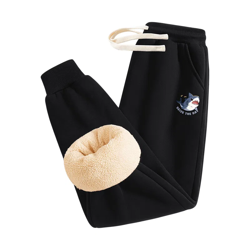 Детские утепленные спортивные штаны на флисе с манжетами MINISO, Thermal Alpaca Black Happy Shark Pants Logo — фото 4
