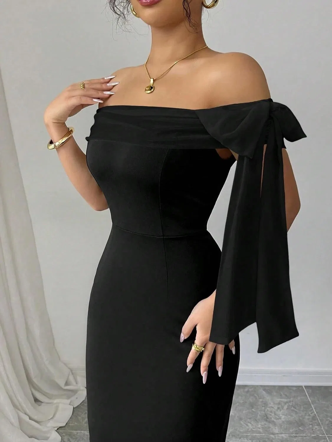 Женское облегающее платье миди с узлом Bodycon, Black — фото 3