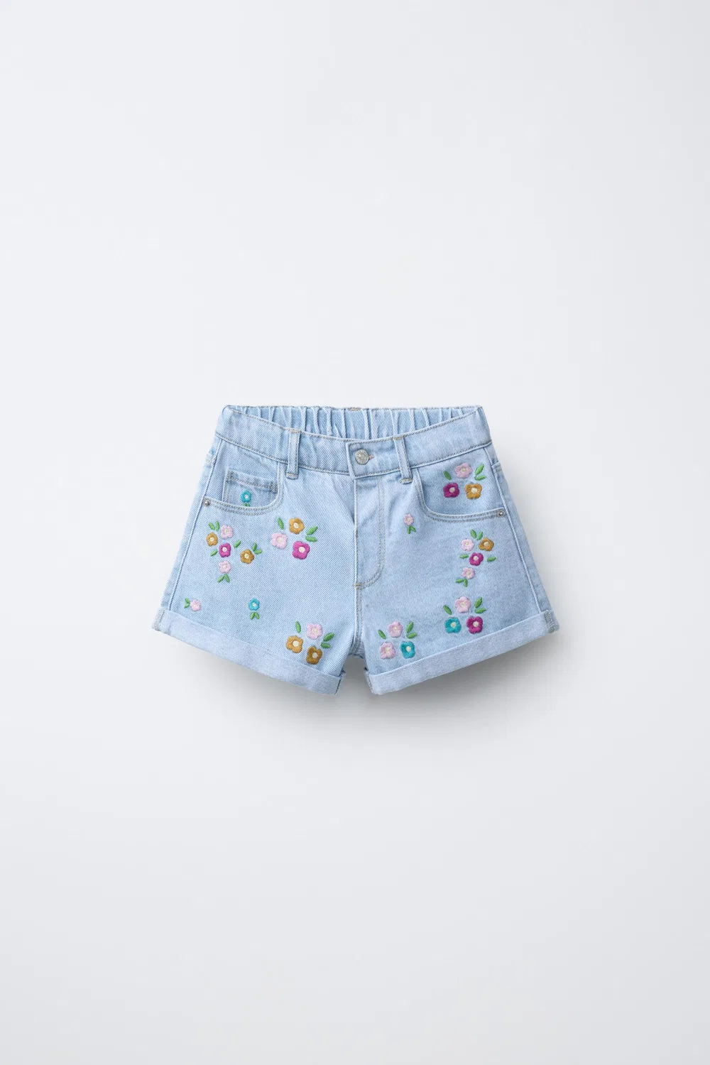 Джинсовые шорты-бермуды с вышитым цветочным узором ZARA, Light Blue