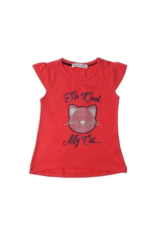 Детская футболка для девочек с принтом Cat Printed Baby Girl T-Shirt - Glitter Detailed Toontoy, Pomegranate Blossom