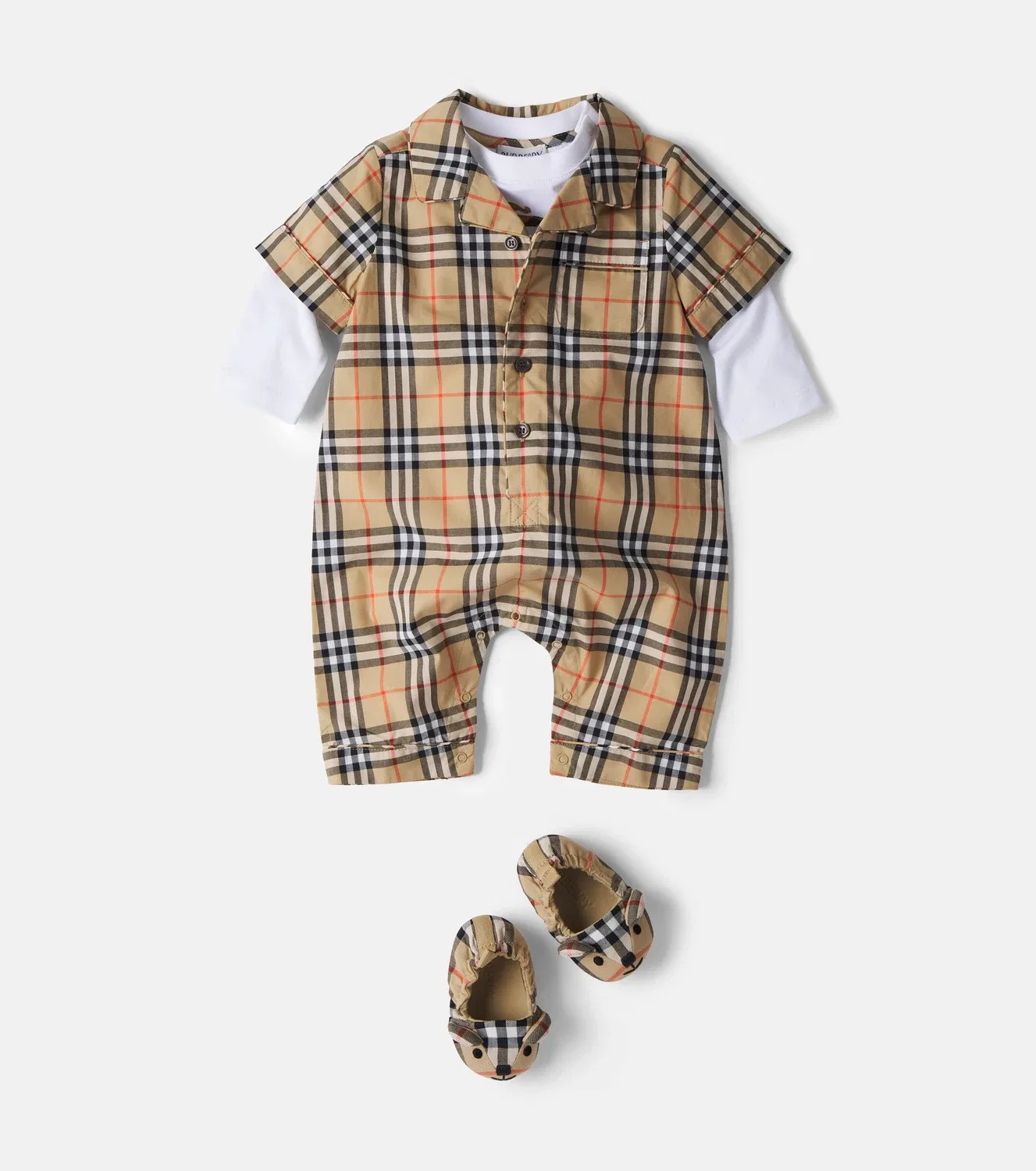 Комбинезон хлопковый Baby Burberry Check Burberry Kids, бежевый — фото 2
