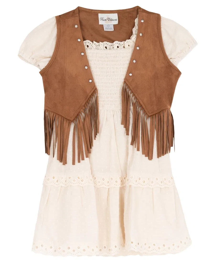 Комплект из платья и жилета с бахромой, модель Suede Fringe Vest and Clip Dot Cotton Puff Sleeve Dress Rare Editions, Ivory — фото 4
