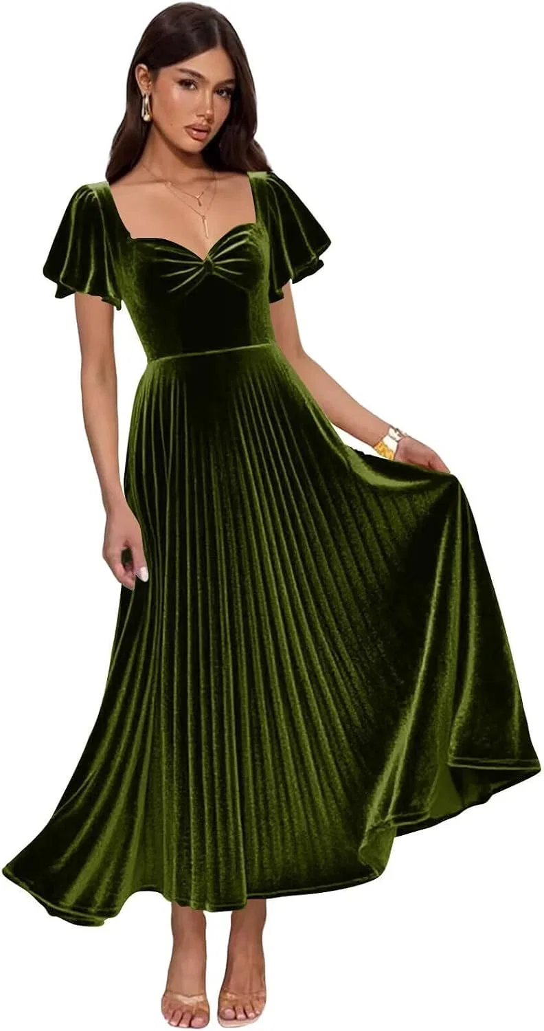 Женское вечернее платье из плиссированного бархата A-силуэта, Olive Green