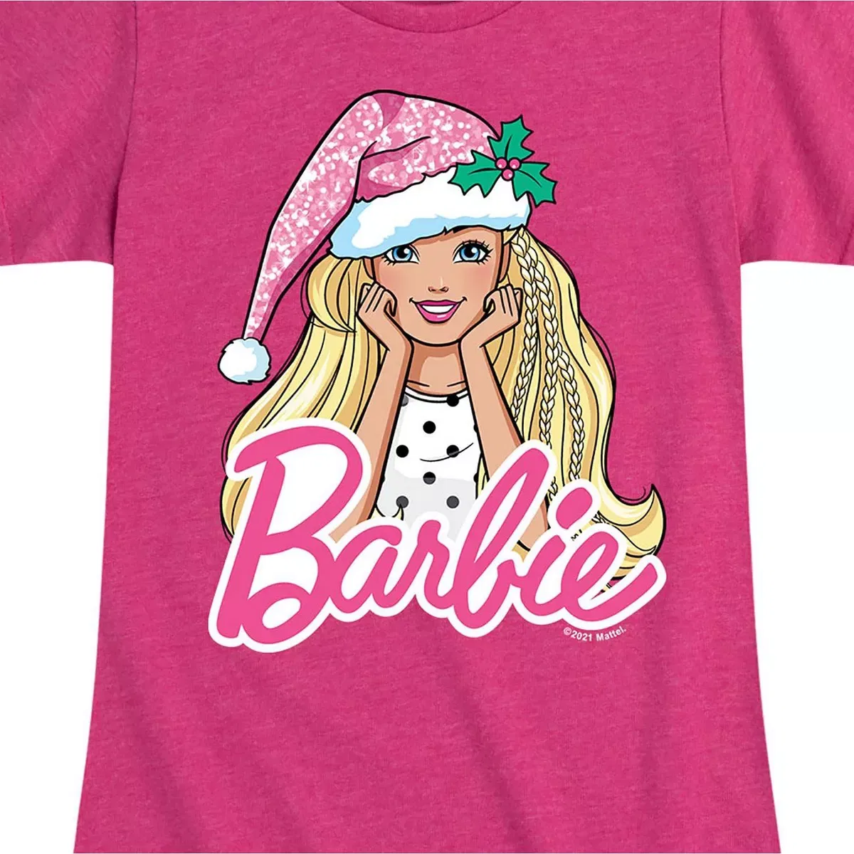Детское платье-футболка для девочек с принтом Barbie Barbie Logo Santa Hat, Heather Fuchsia — фото 2