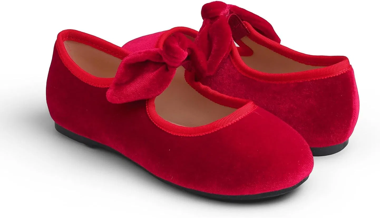 Детские туфли для девочек с пряжкой FEVERSOLE, Velvet Bow Elastic Maryjane Red — фото 4