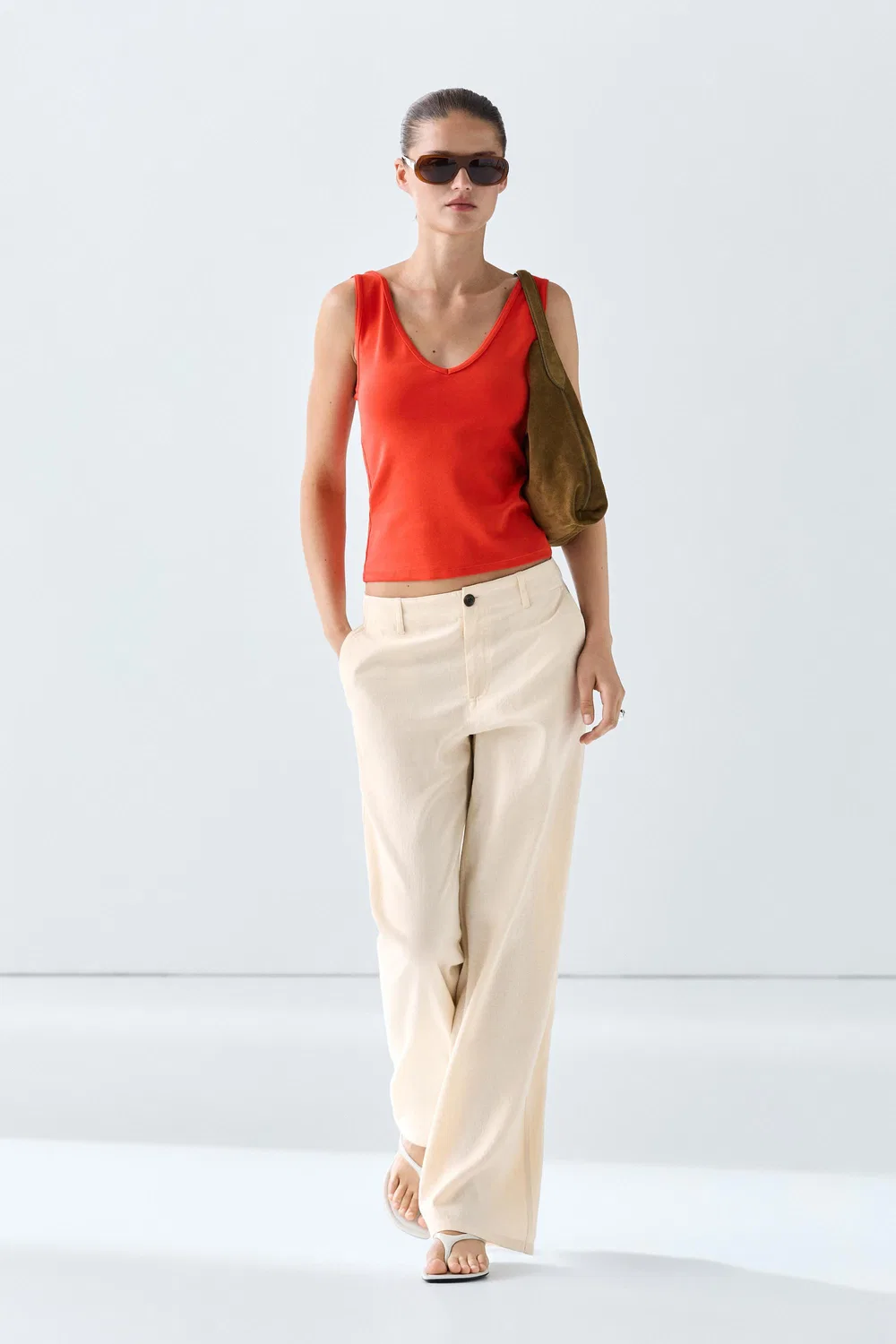 Топ Massimo Dutti Cotton Blend Strappy, коралловый — фото 3