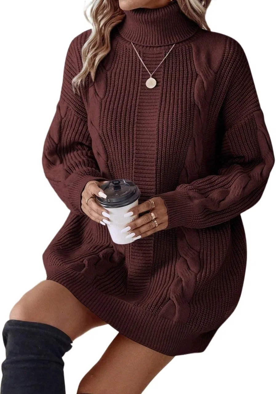 Женское повседневное платье с высоким воротом и косами, Coffee Brown — фото 2