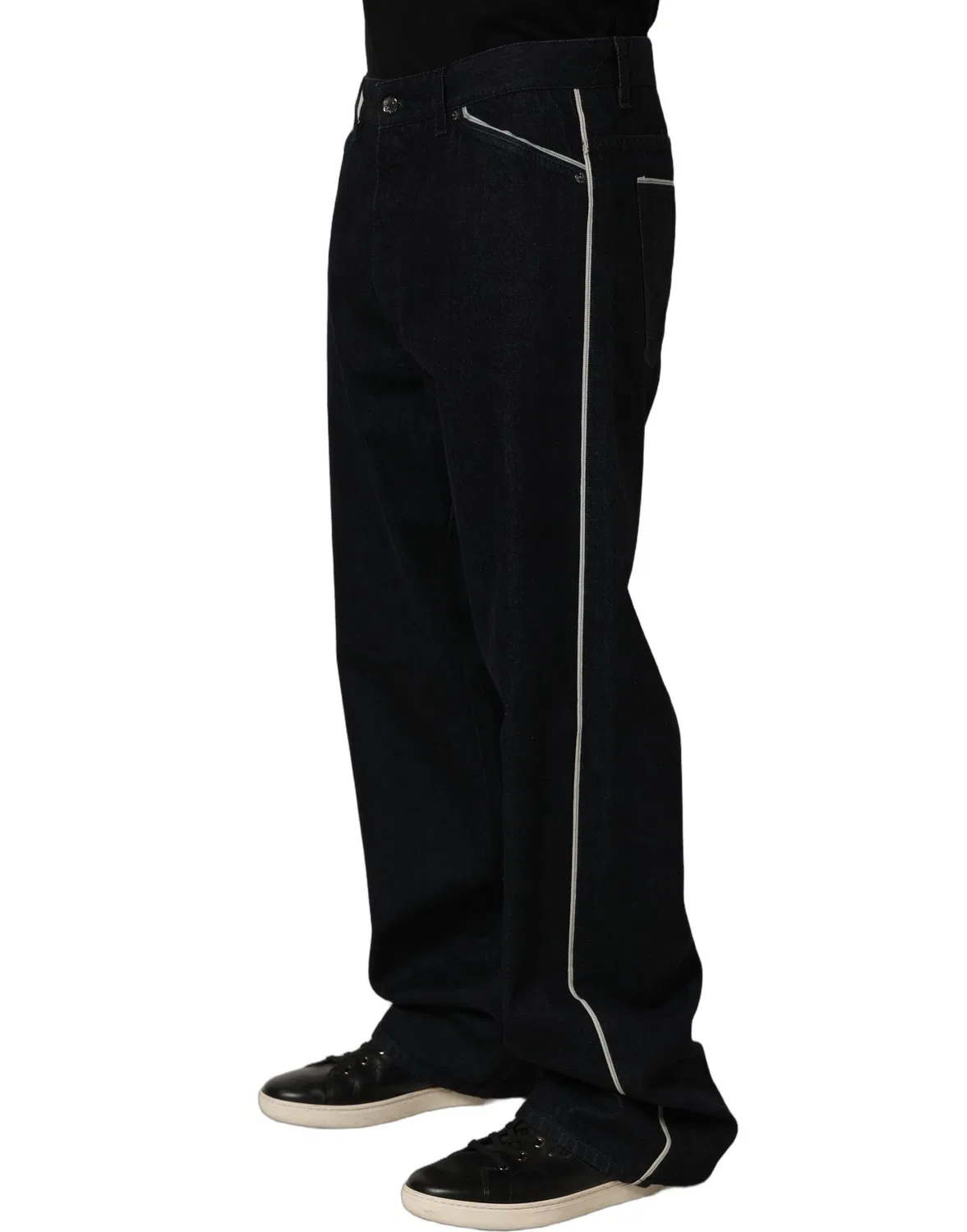 Мужские джинсы прямого кроя с белой отделкой Straight Denim Jeans Dolce & Gabbana, Black — фото 4