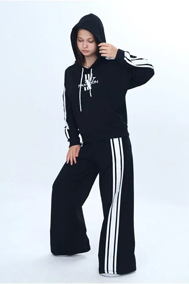 Детский спортивный комплект для девочек оверсайз Oversize 2 thread girls sports bottom & top tracksuit set Joui Co, Black