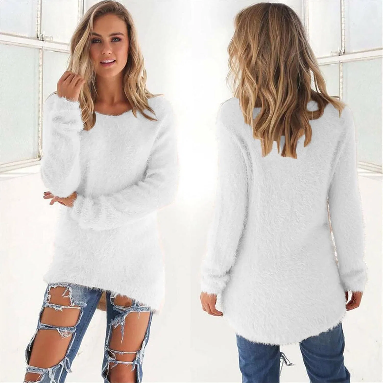 Женский пуловер из футера с длинным рукавом, Soft Fluffy Knit, белый — фото 2