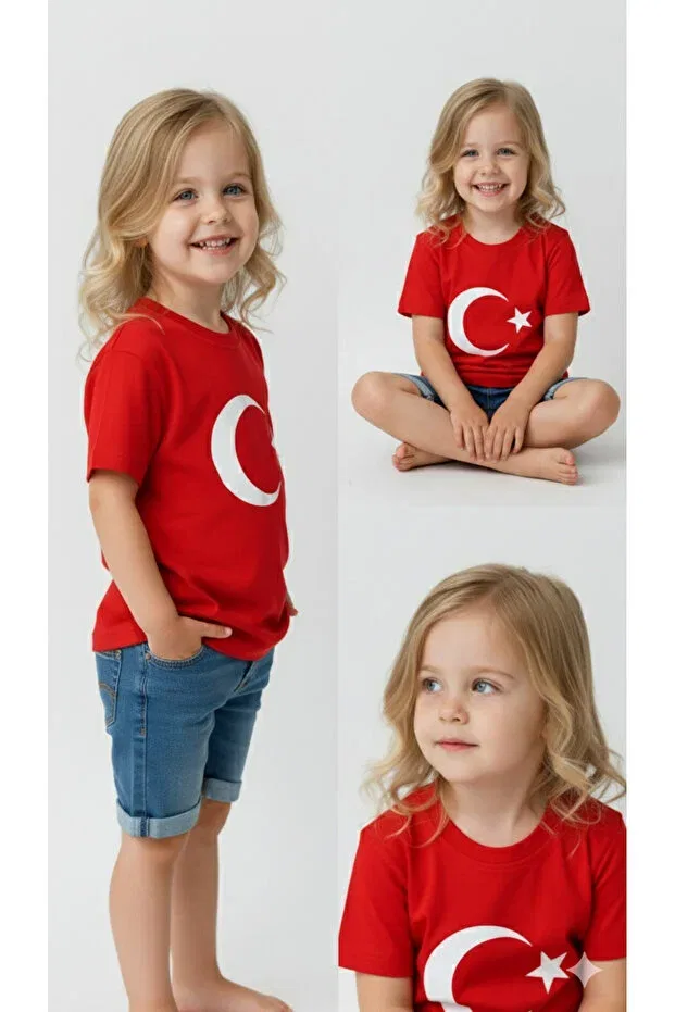 Детская футболка с принтом Red Unisex T-Shirt With Turkish Flag And Crescent And Star Sibel Günay Butik, Red — фото 2
