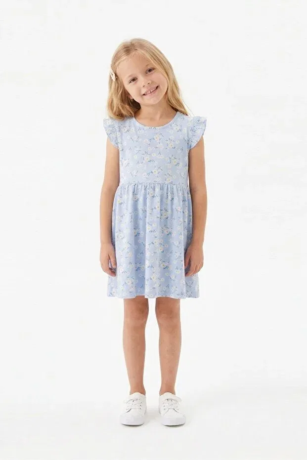 Детское платье для девочек с принтом Blue Daisy Patterned Butterfly Sleeve Bunny Hopp, Blue — фото 3