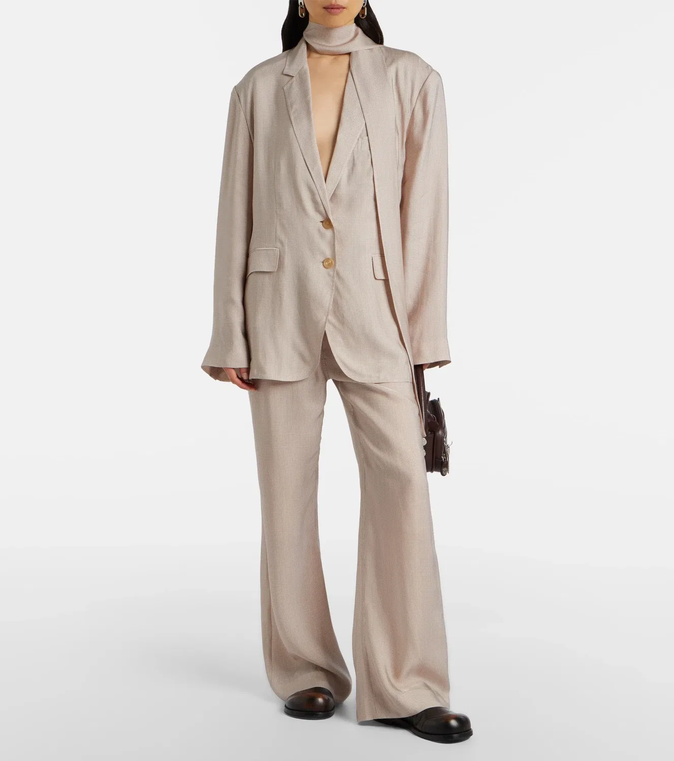 Широкие брюки из твила в клетку Acne Studios, бежевый Multi — фото 2