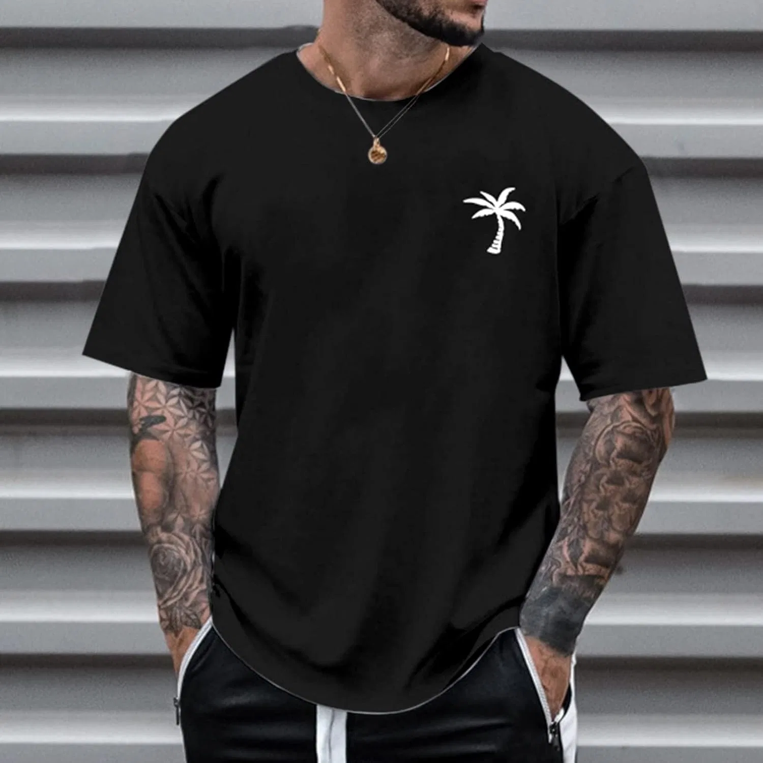Мужская футболка свободного кроя с круглым вырезом, Black — фото 2