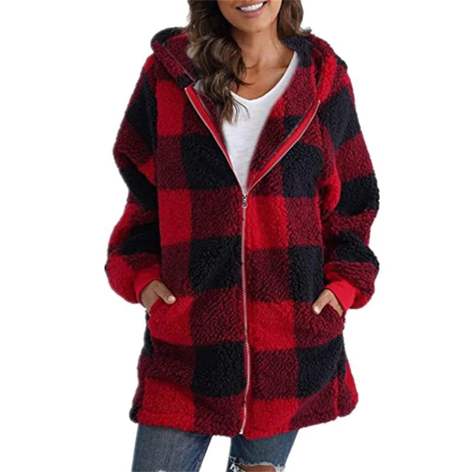Женское пальто oversize с капюшоном, клетчатое, с флисовой подкладкой, Verde chiaro — фото 3