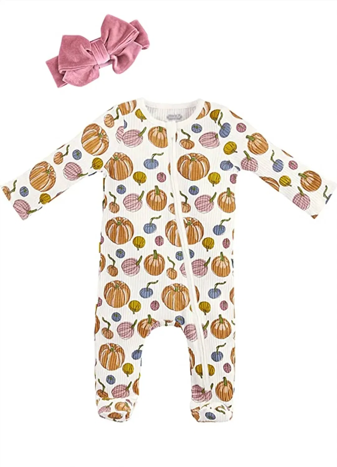 Детский боди-комбинезон для девочек с принтом тыквы и слюнявчиком Pumpkin Rib Sleeper Footie And Bib Mud Pie, White Multi