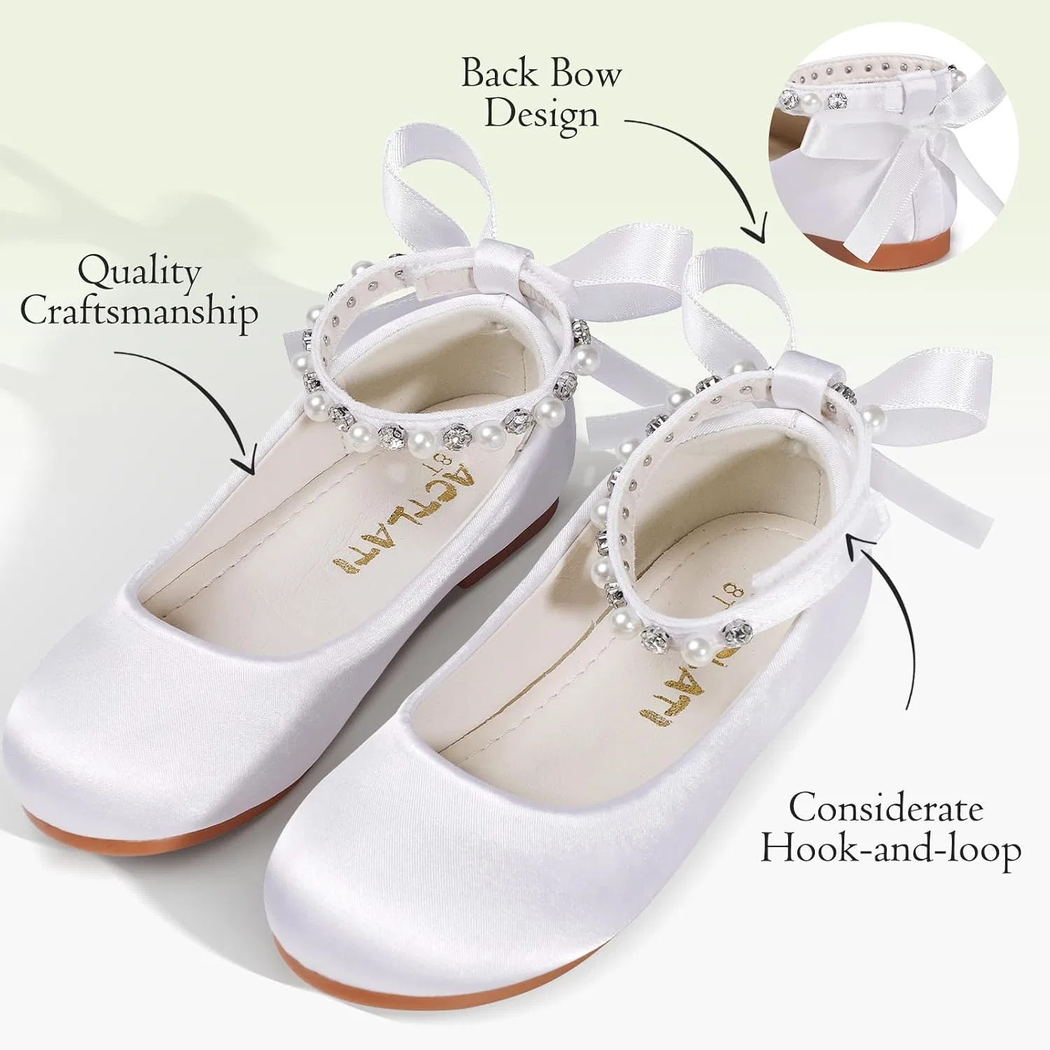 Детские балетки для девочек с принтом цветов Mary Jane Flats KDVOG, White Satin — фото 4