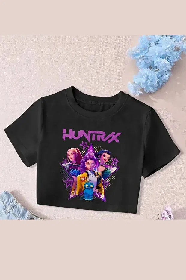 Детская укороченное хлопковое футболка с принтом для девочек Huntrix Star Machetta, Black