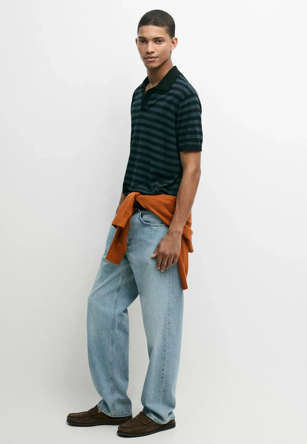 Вязаный поло-свитер в контрастную полоску - рубашка поло Massimo Dutti, Blue — фото 2