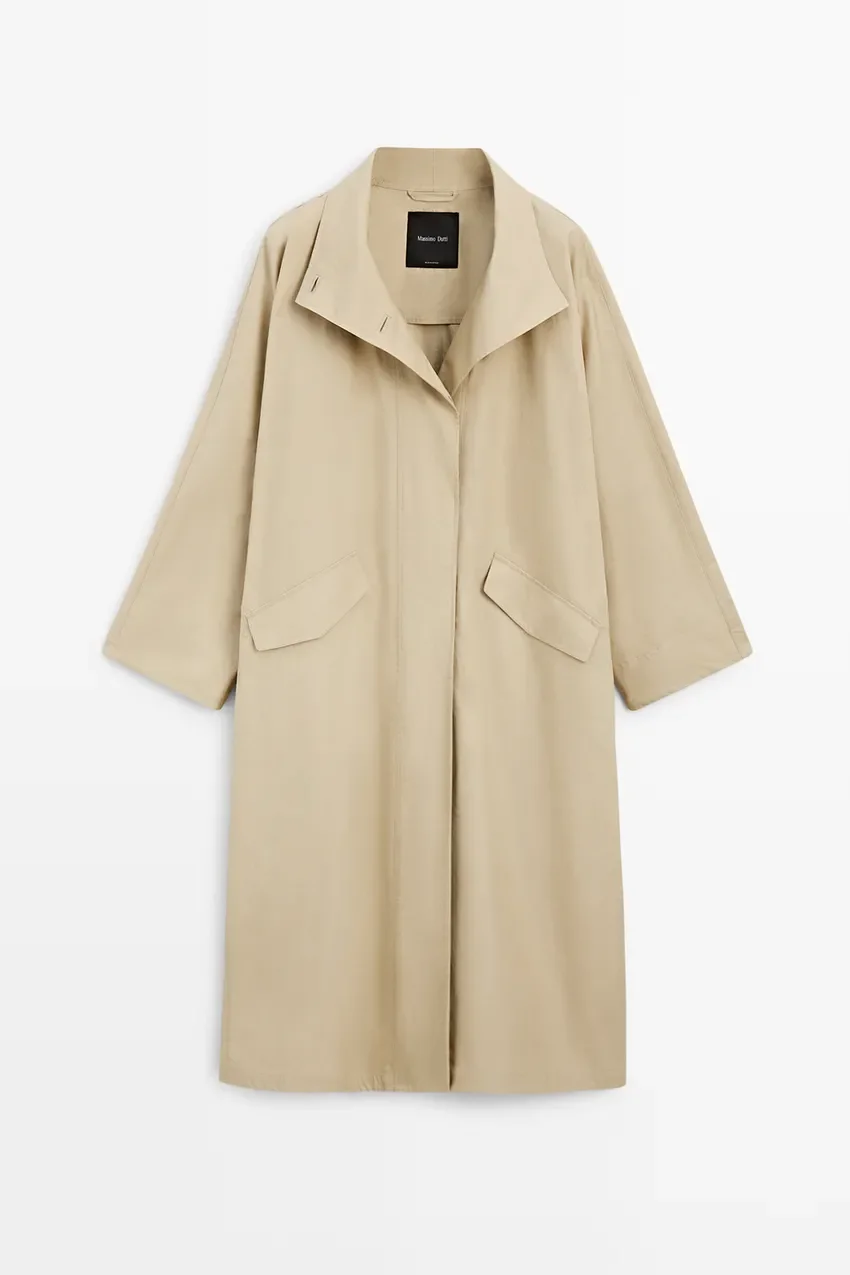 Tренч Massimo Dutti 100% Cotton High-Neck Trench, светло-бежевый
