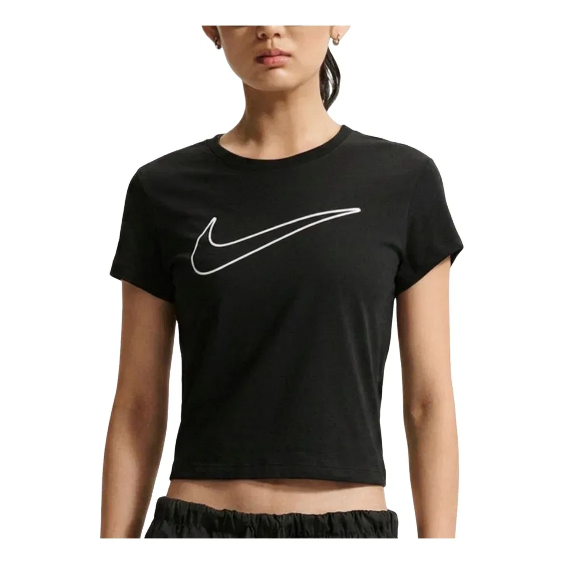 Женская футболка Solid Round Neck Cotton T-Shirt Asia Sizing 'Black' Nike, Black/White