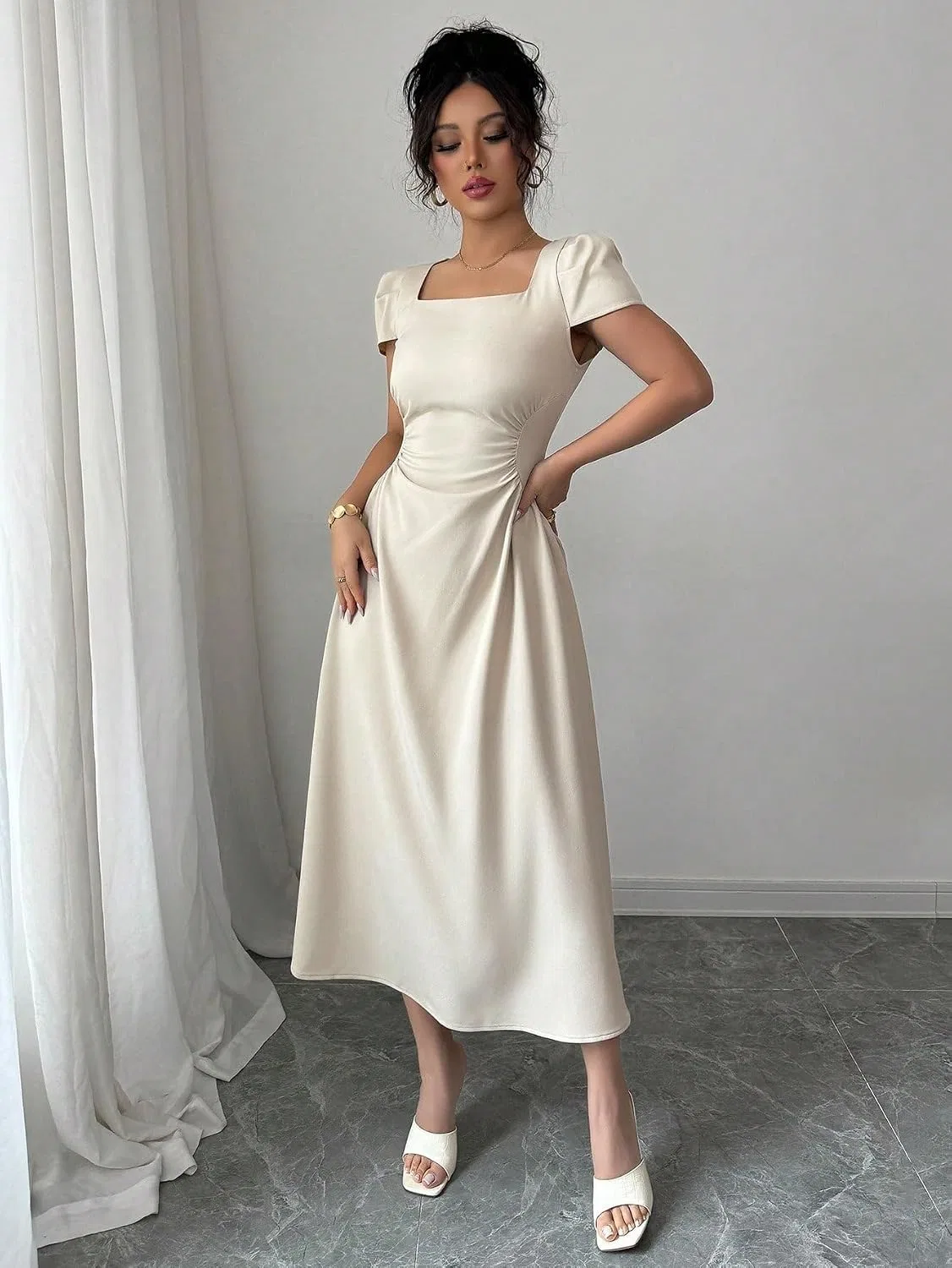 Женское повседневное миди-платье с квадратным вырезом и пышными рукавами, Apricot — фото 4