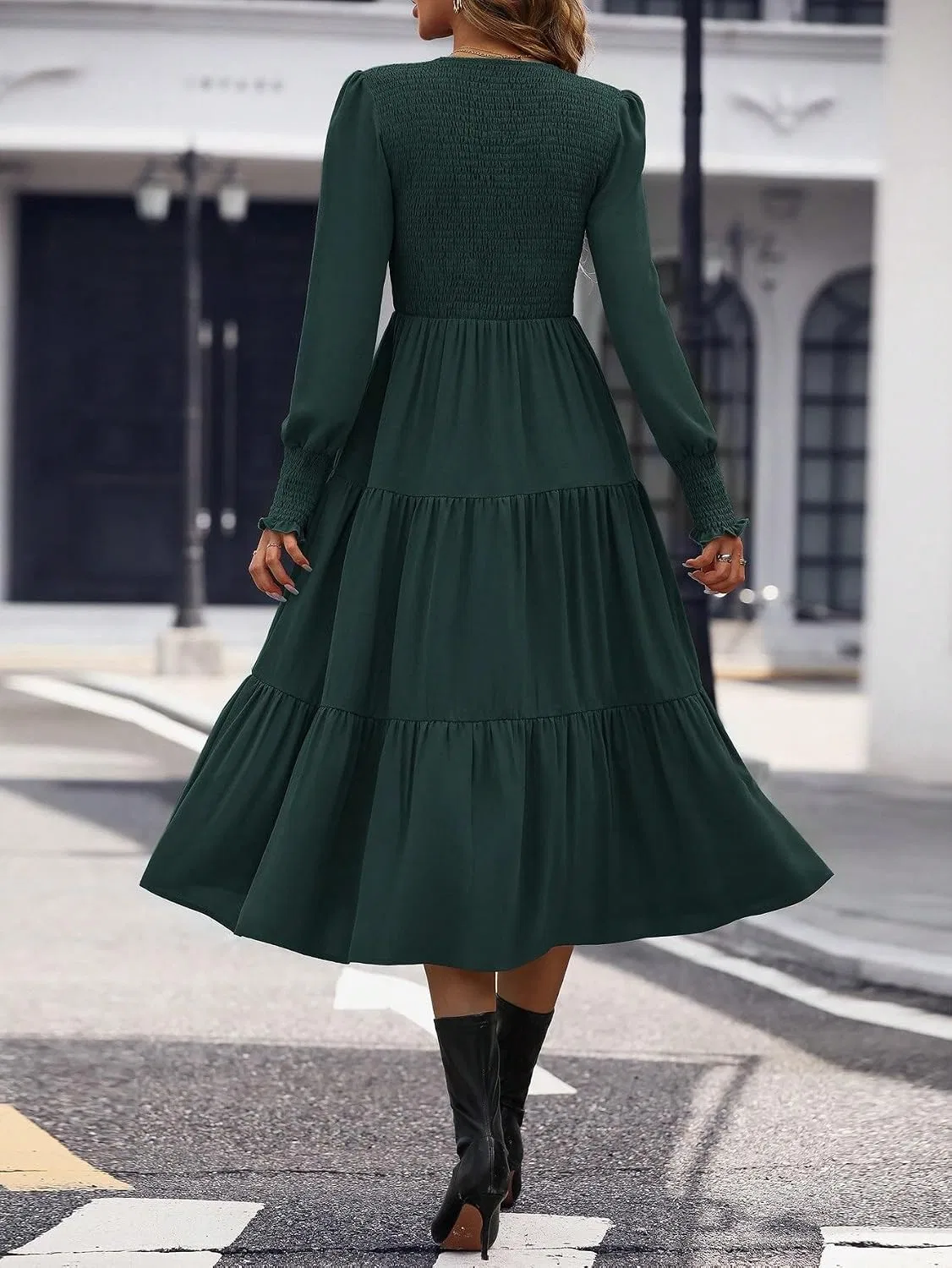 Женское повседневное платье миди с воланами и рукавами-буфами, Dark Green — фото 3