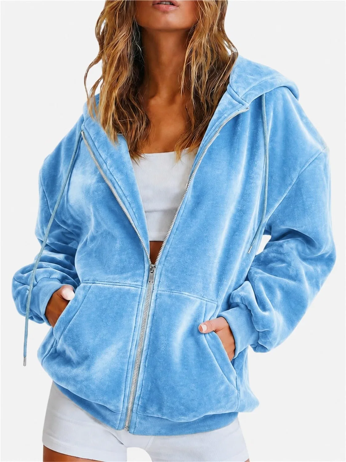Женская куртка из флиса с капюшоном, свободного кроя, с длинным рукавом, Light Blue — фото 3