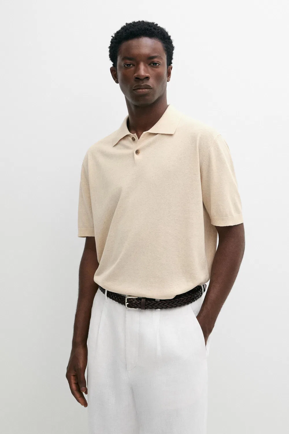 Поло Massimo Dutti Cotton Linen Blend Shirt, бежевый