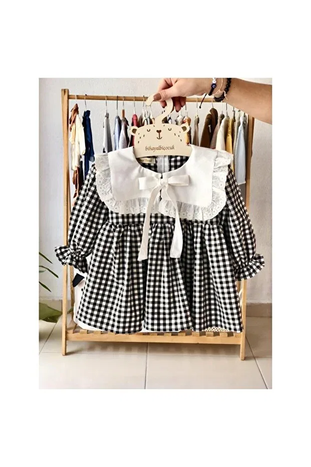 Детское платье для девочек с длинным рукавом Sherry Checkered Dress Bihayalbiçocuk, Black And White — фото 2