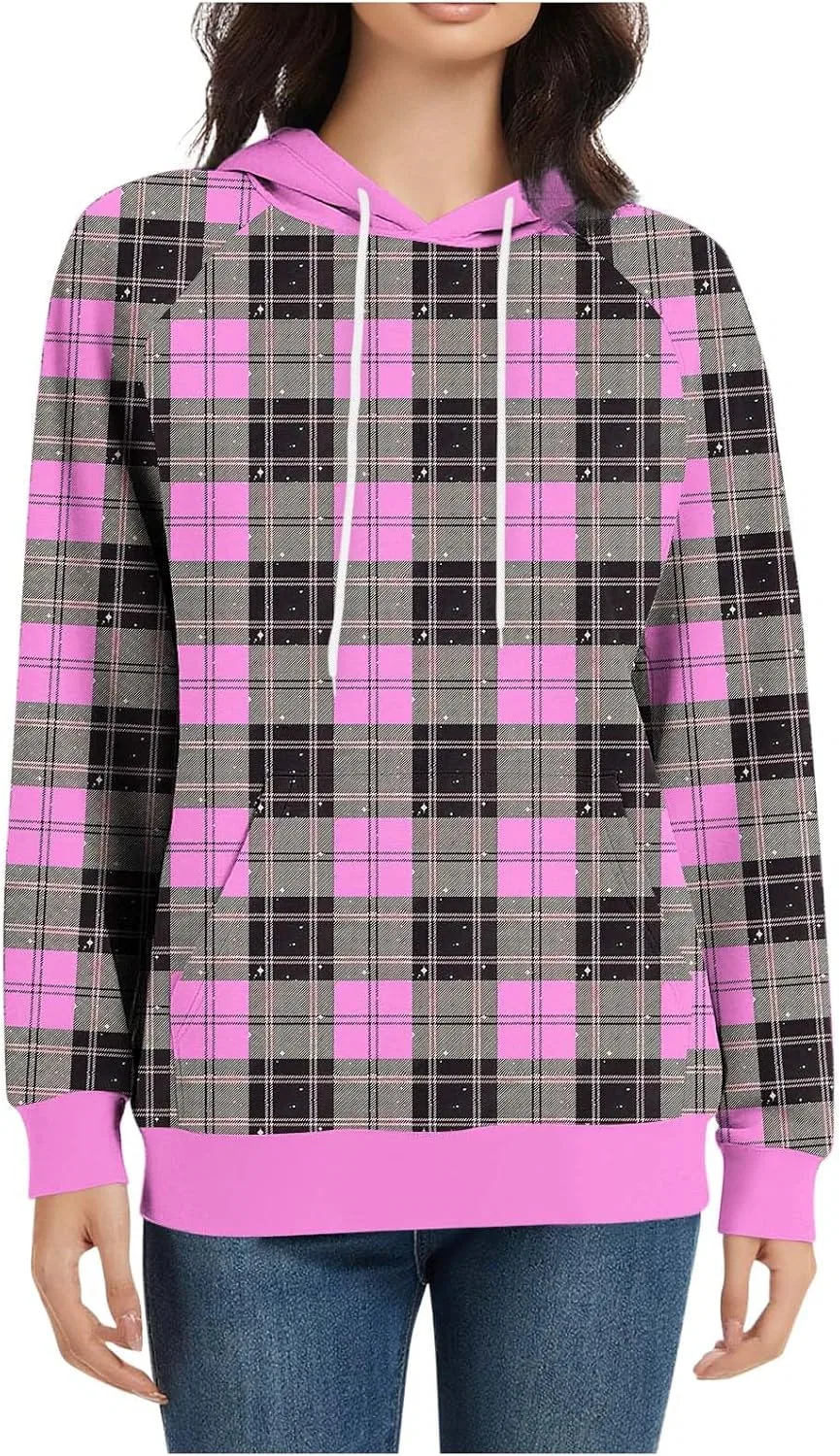 Женский свитшот-худи с принтом, модель Plaid Print, ярко-розовый — фото 2