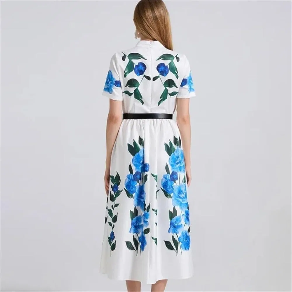 Женское повседневное платье с поясом и принтом, Slim Fit, Blue — фото 3