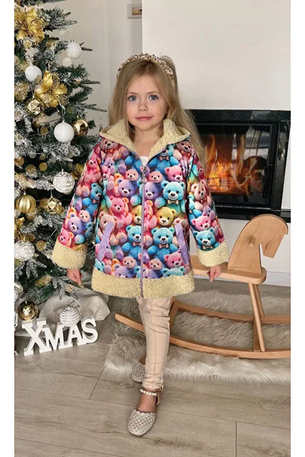 Детское пальто для девочек с принтом Waterproof Surface Teddy Plush Kids Coat By Piera, Teddy Bear