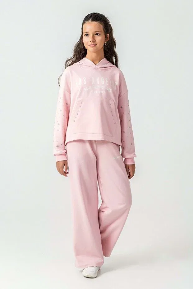Детский комплект из футера с принтом для девочек Girl'S Stone Detailed Los Angeles Printed Hooded Tracksuit Set Ww Waka Waka Kids Store, Pink