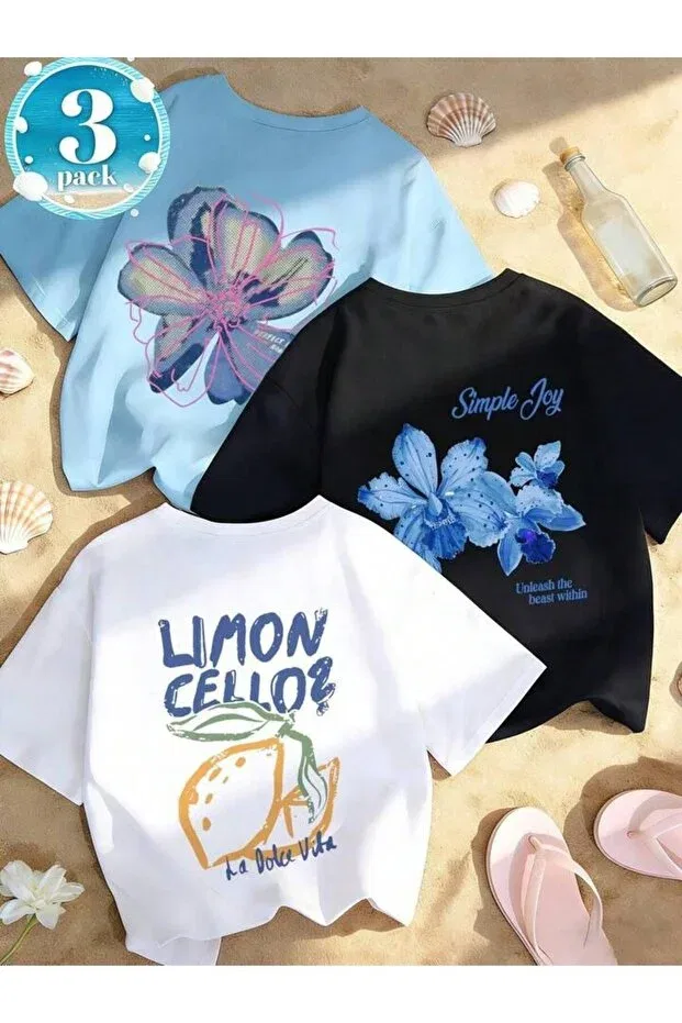 Детский комплект футболок с принтом Simple Joy-Flower-Limoncello Morning Kids, Baby Blue-Black-White