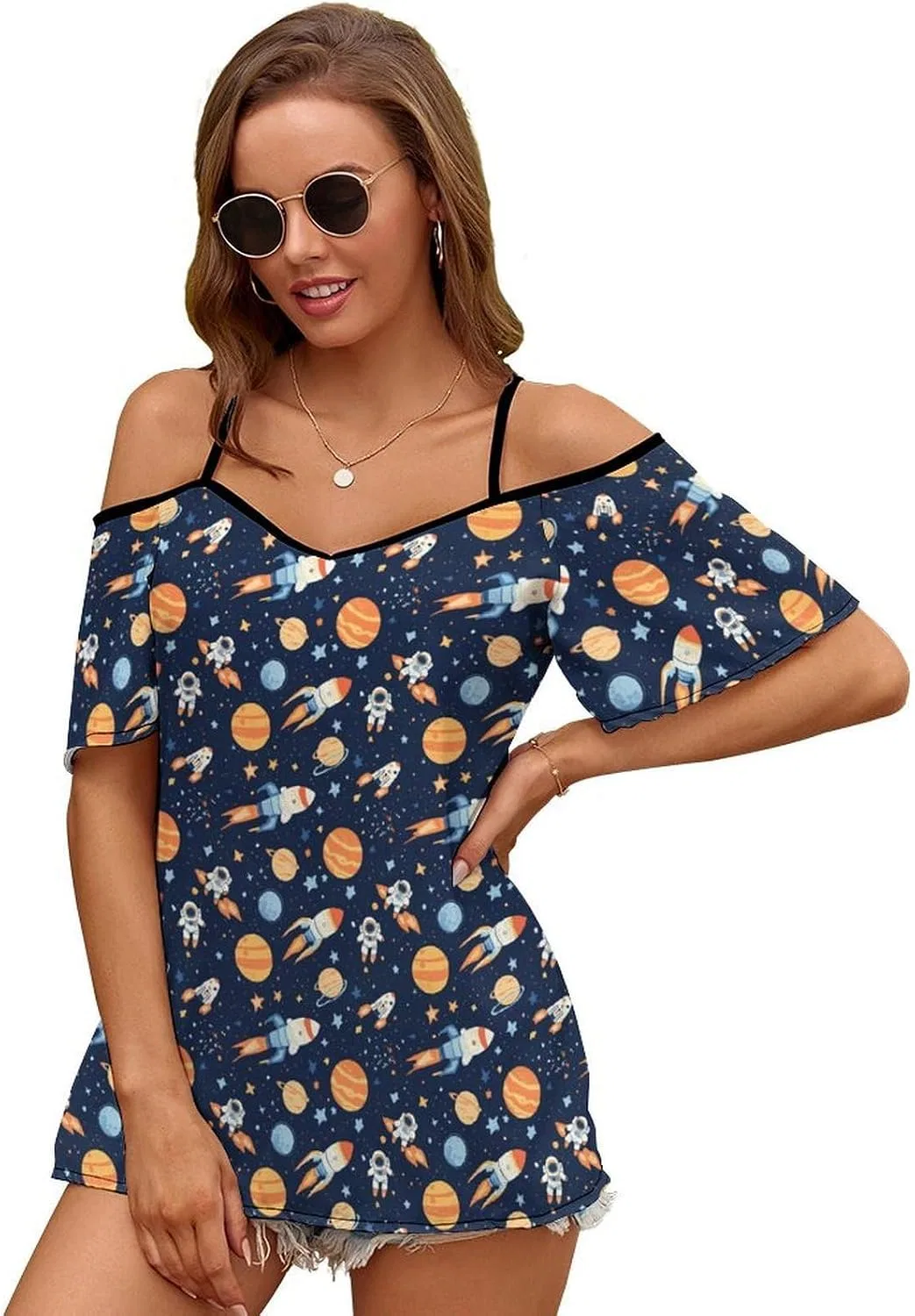 Женская футболка с принтом космос Cold Shoulder Tops, Style