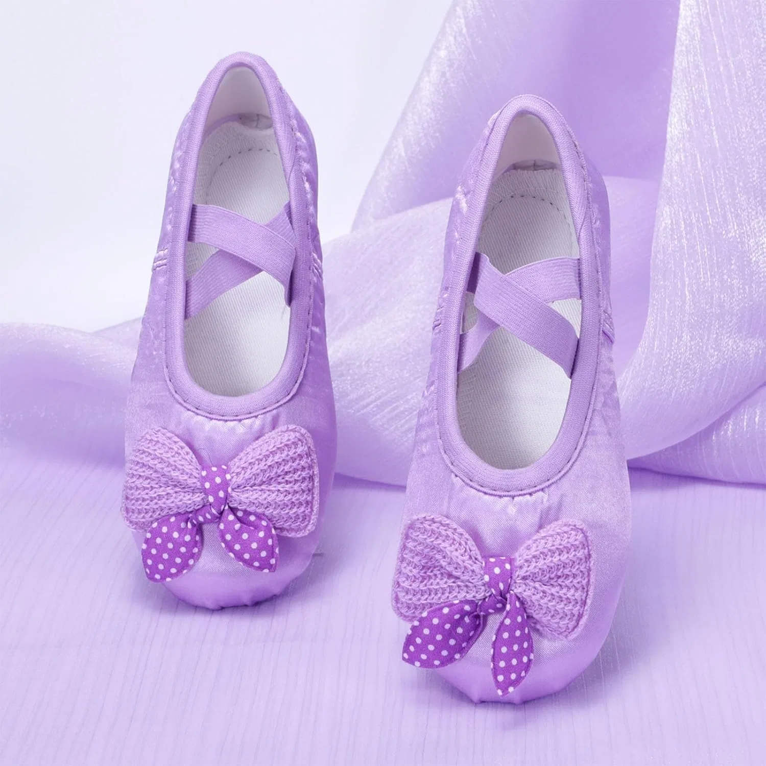 Детские балетки для девочек с бантом и эластичными лямками, Purple — фото 2