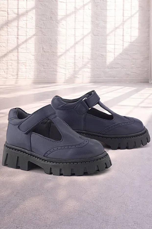 Детские туфли для девочек матовые с липучкой Rakerplus, Navy Blue